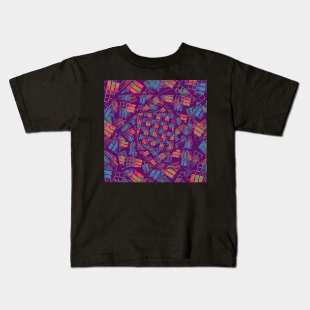 Neon Block Tornado | Purple, Sky Blue, Neon Orange, and Yellow Geometric Design Kids T-Shirt by cherdoodles